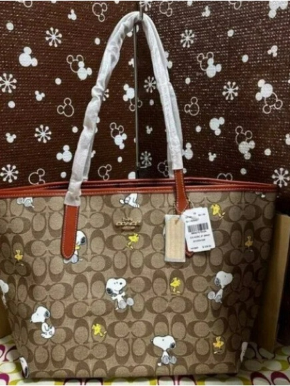 New Coach Bag Brown Signature Tote with Snoopy & Yellow Woodstock Print